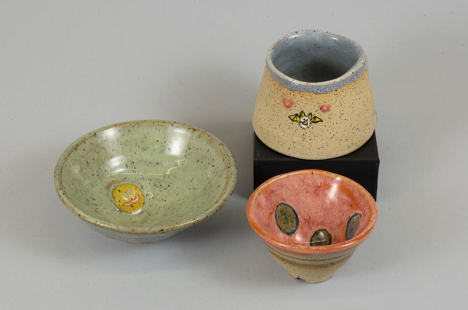 Self Portrait with Bowls, 2025. Stoneware, 2.5" x 2.5", 5" x 2", 3" x 3"