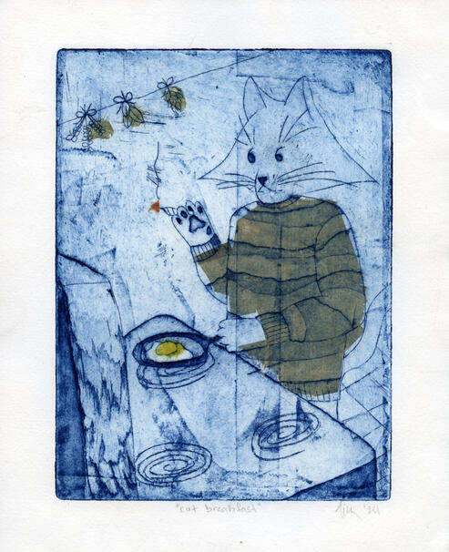 A blue ink intaglio print featuring a cat smoking a joint while cooking an egg. The viewer's perspective is above and behind the stove, so they can see the stove top. Aquatint has been used to create shaded areas on the stove, a checkerboard pattern on the