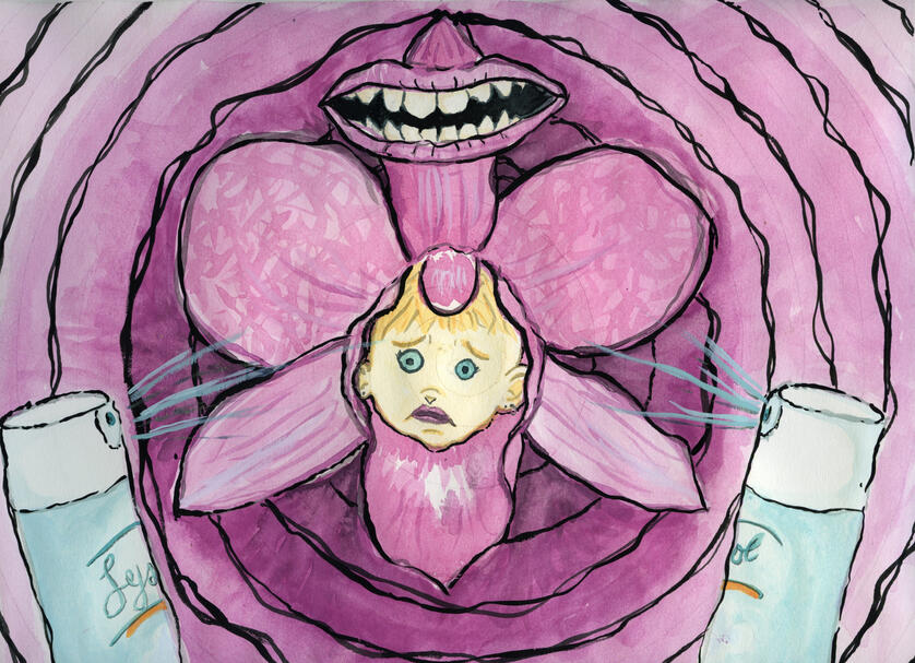 Gouache painting depicting an upset baby's face emerging from the center of an orchid. The baby is light skinned with blonde hair and blue eyes. A snarling mouth emerges from the top petal of the orchid, and mirrored light blue lysol cans in the bottom cor