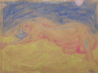 A chalk pastel drawing of a person laying down, facing up toward the night sky.